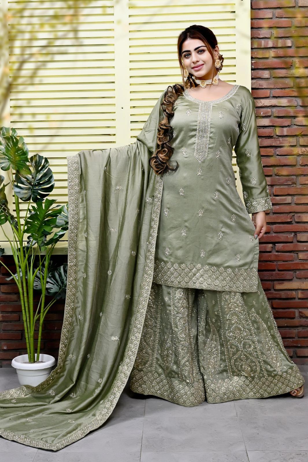 | P-27-3 | Olive Green Luxury Embroidered Shirt wi..