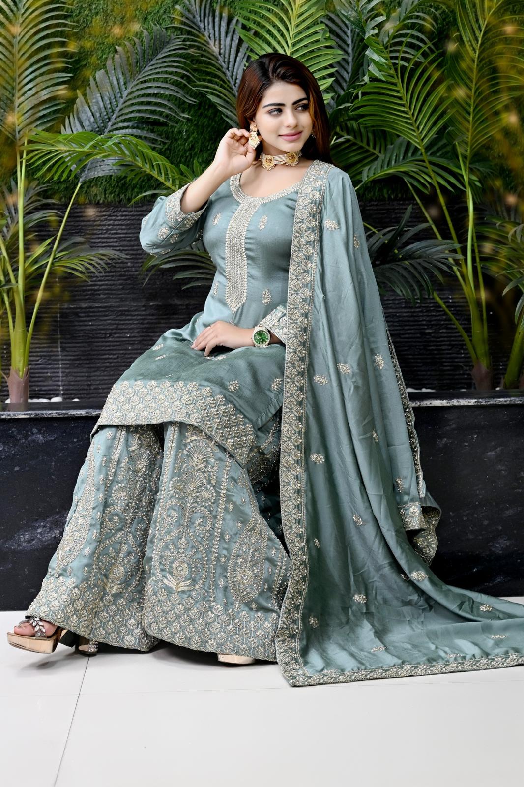 | P-27-4 | Mint Luxury Embroidered Shirt with  Sha..